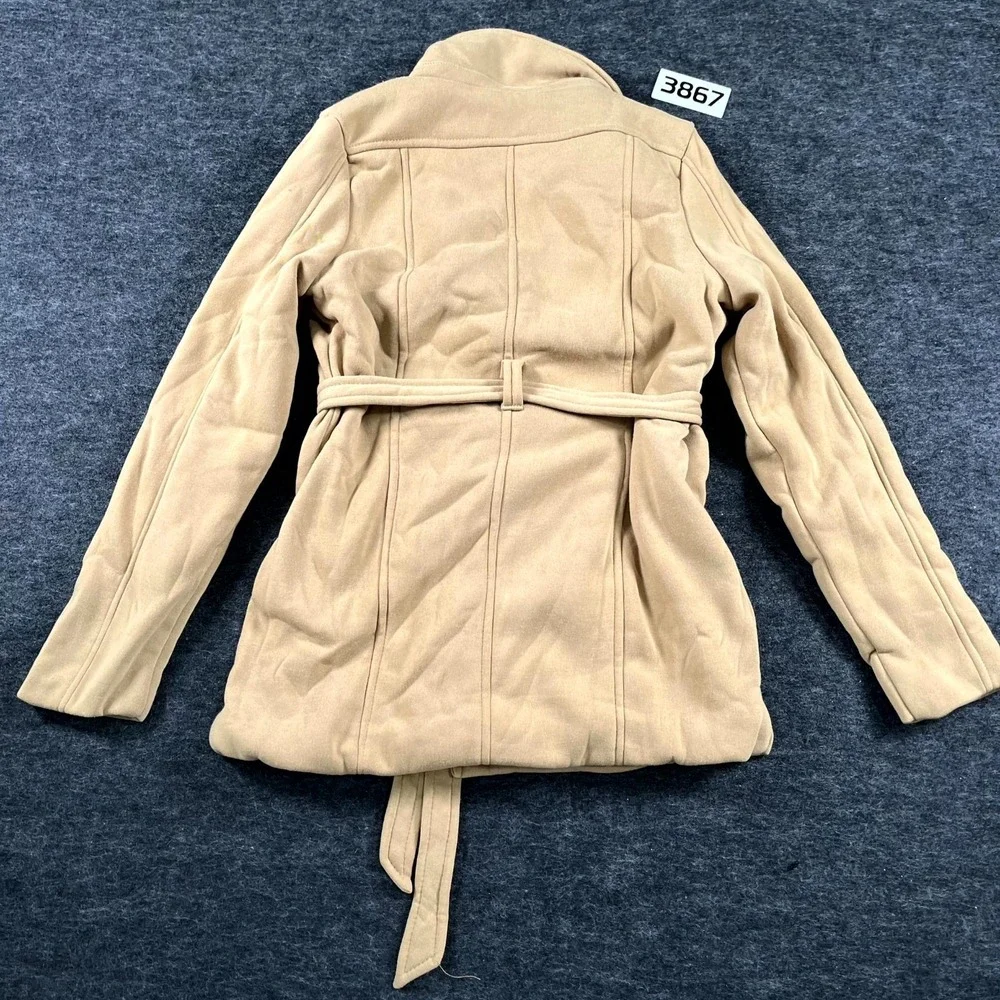 Leehanton Coat Womens Medium Beige Fleece Lined Double Breasted Belted Winter